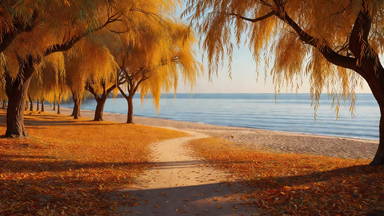 紅葉に染まる柳の海岸