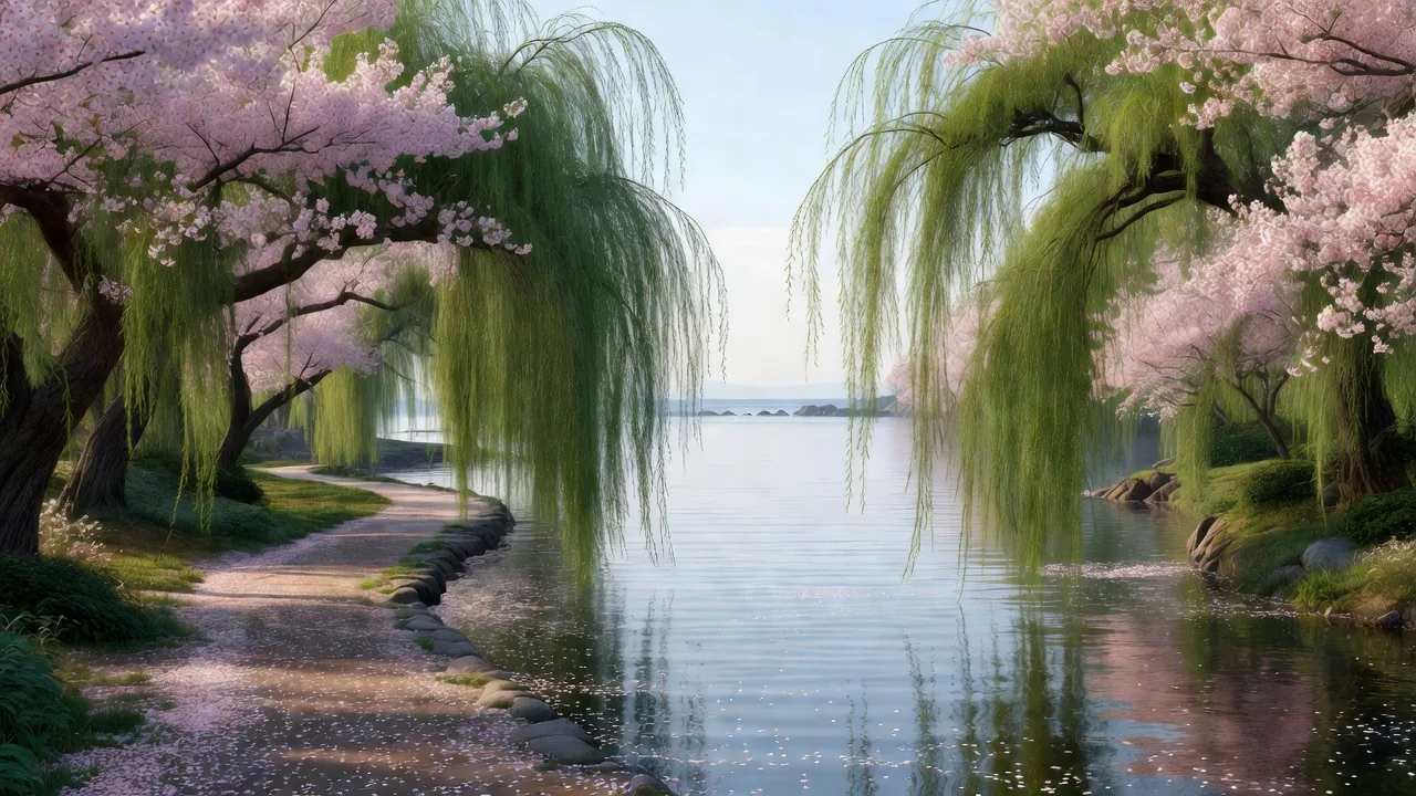 桜と柳が彩る海辺の道