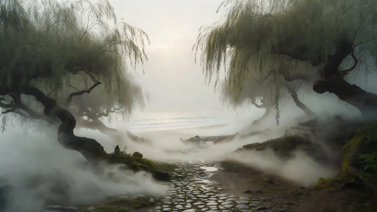 霧に沈む柳の小径