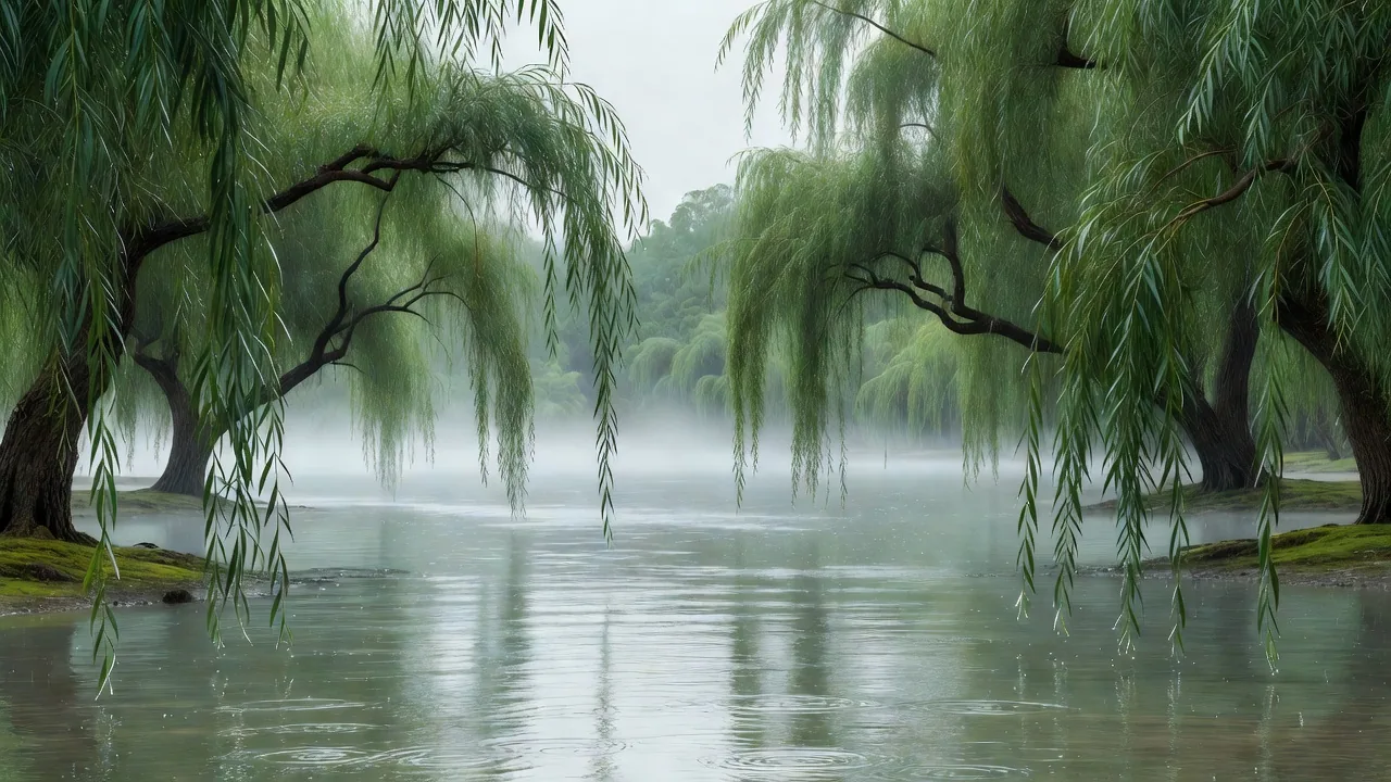 雨に煙る入江の情景