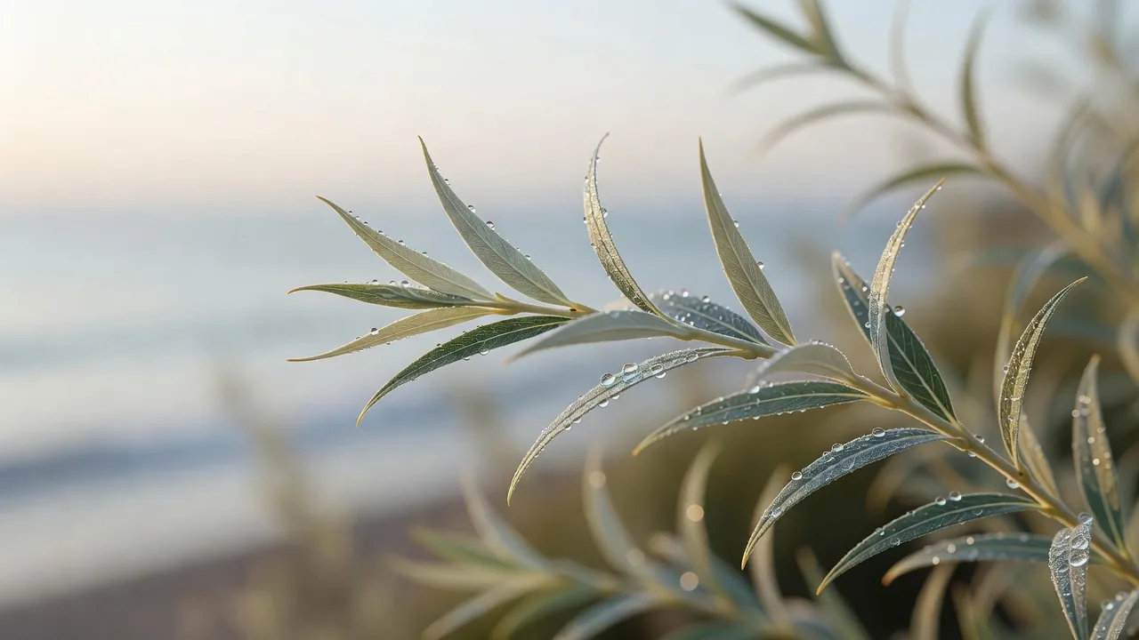 朝露をまとう柳の葉